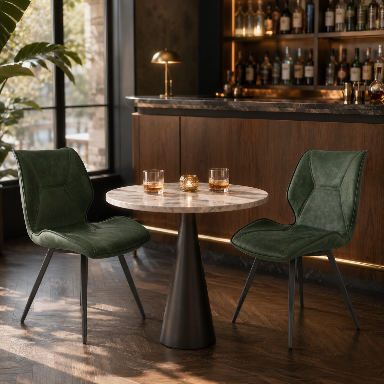 Crazy Horse PU leather high-back chairs in forest green beside marble table in boutique bar lounge interior, DC-1627
