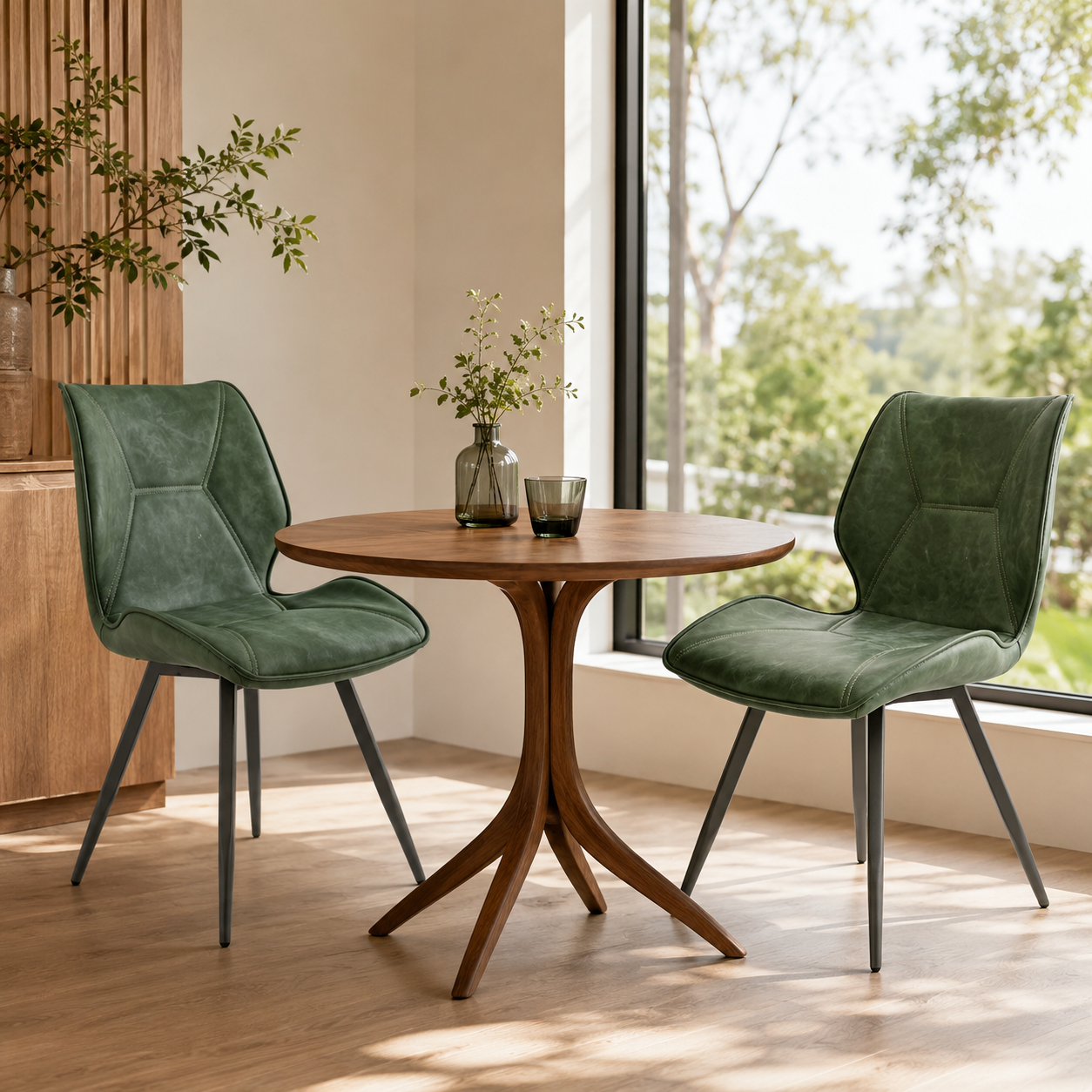 Crazy Horse PU leather high-back dining chairs in forest green around round walnut table in residential interior, DC-1627 by GEYA Seating
