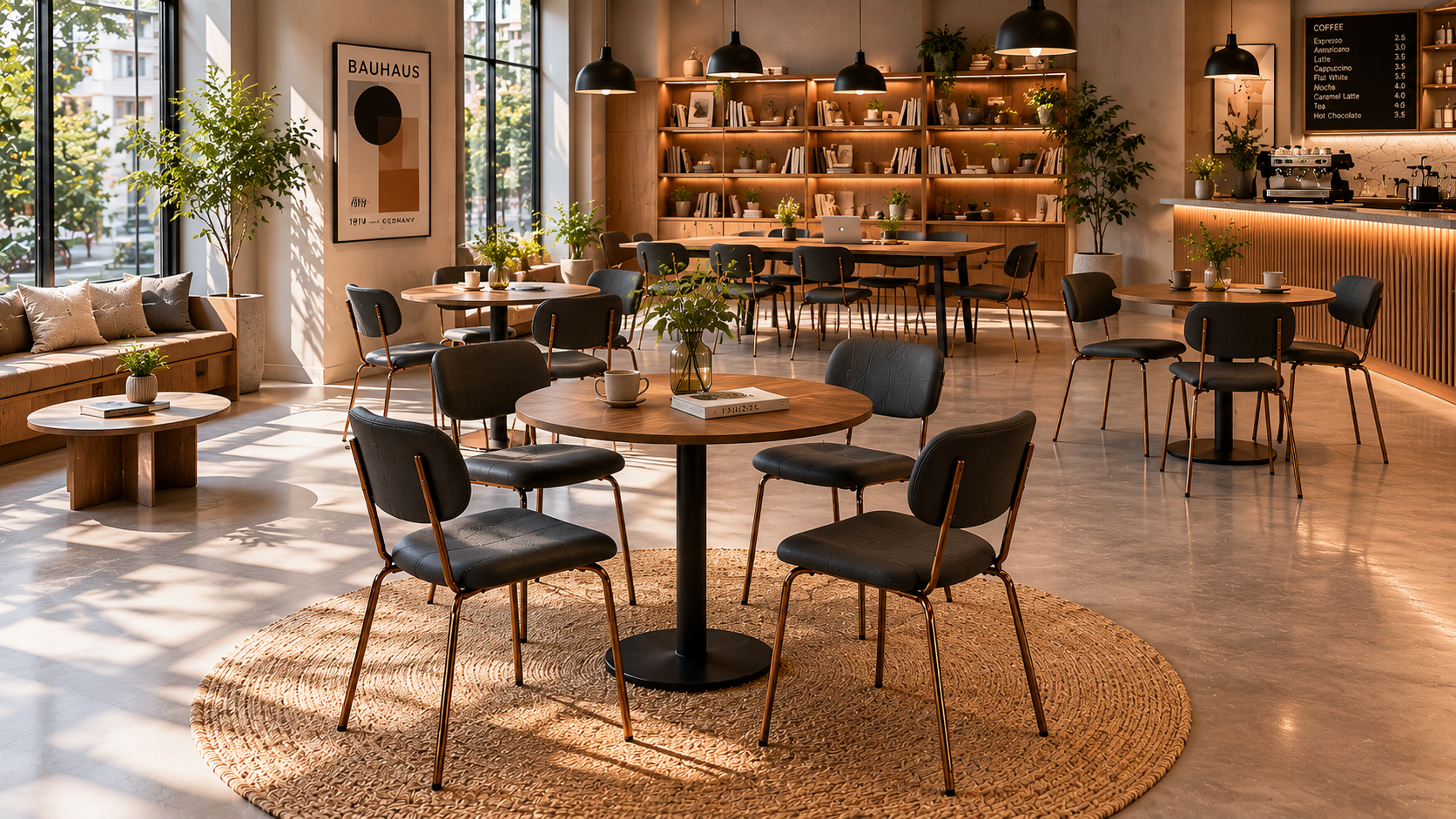 Pillow back velvet dining chairs in a warm café interior with round dining tables and hospitality seating