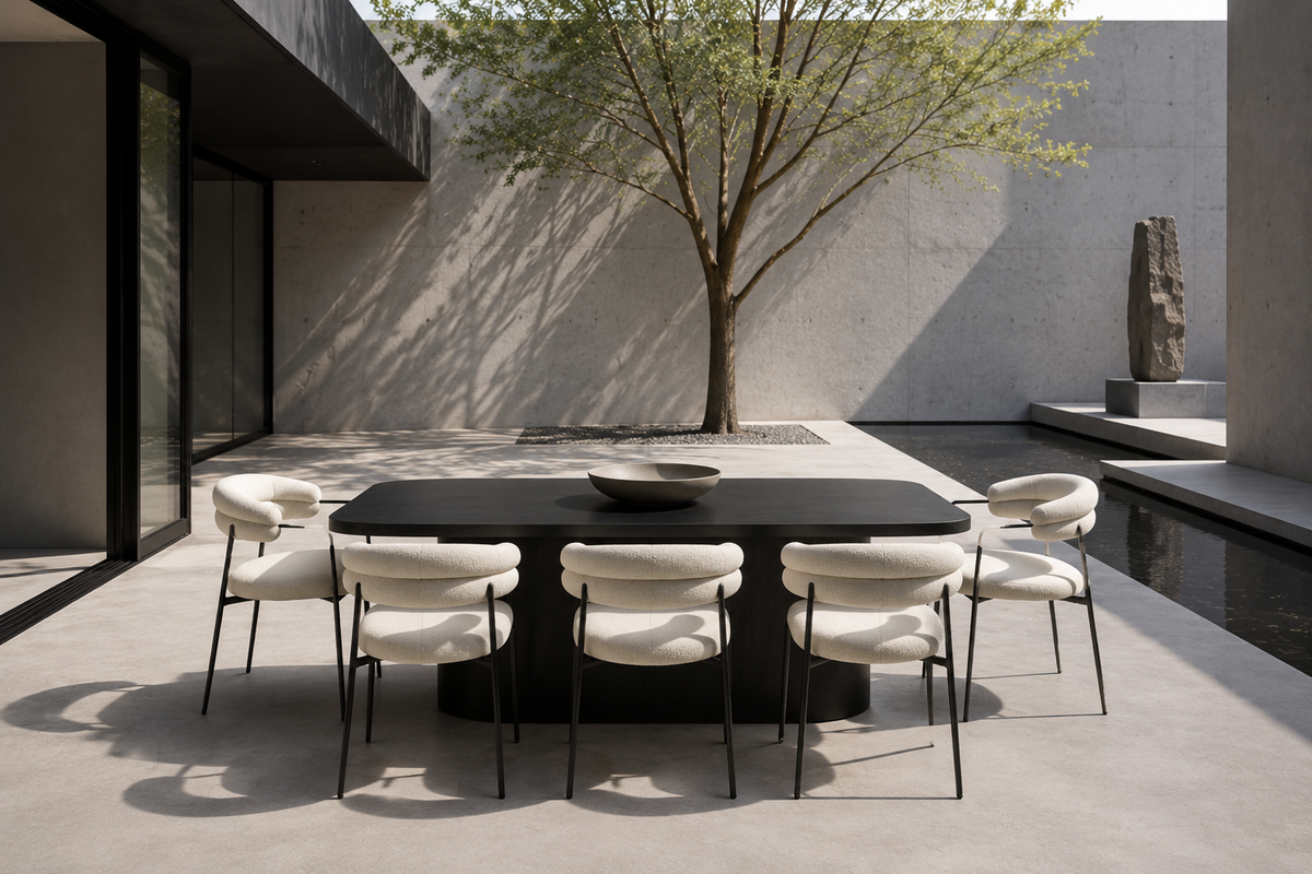 Curved Arm Bouclé Dining Chair — Sculptural Courtyard Table with [