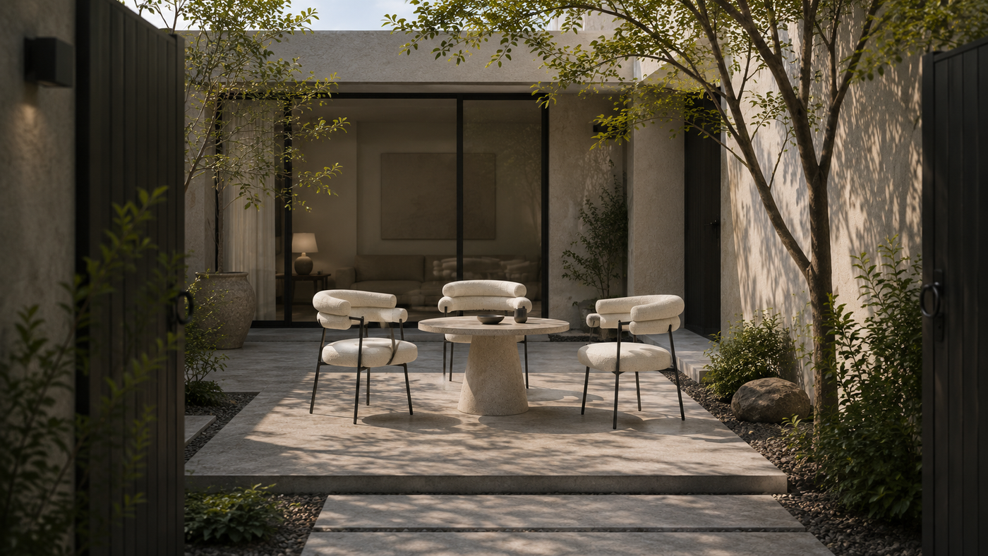 Curved Arm Bouclé Dining Chair — Evening Courtyard Setting with [