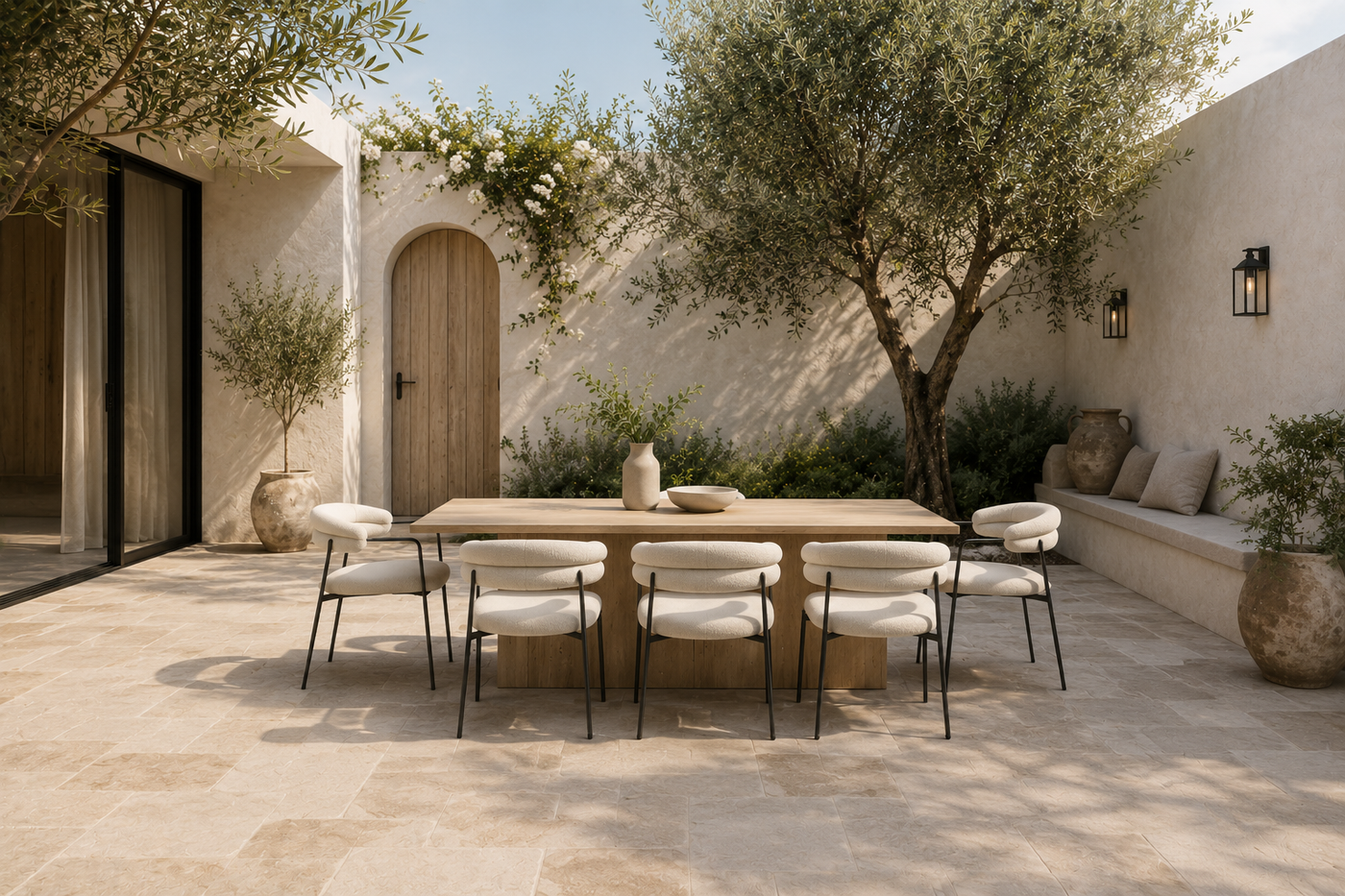 Curved Arm Bouclé Dining Chair — Mediterranean Garden Dining with [