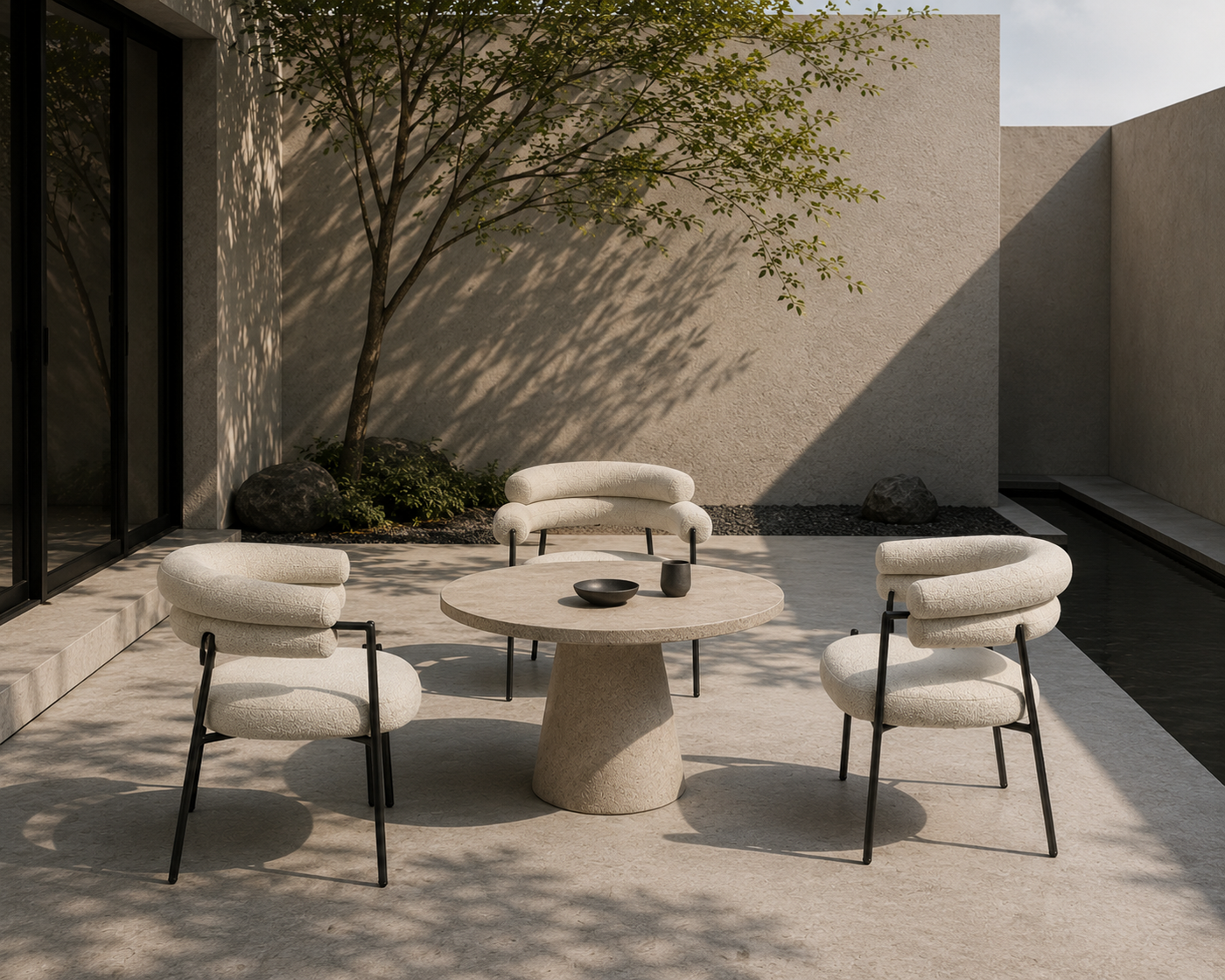 Curved Arm Bouclé Dining Chair — Open Terrace Gathering with [