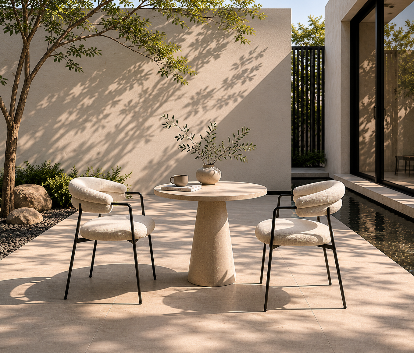 Curved Arm Bouclé Dining Chair — Zen Courtyard Setting with [