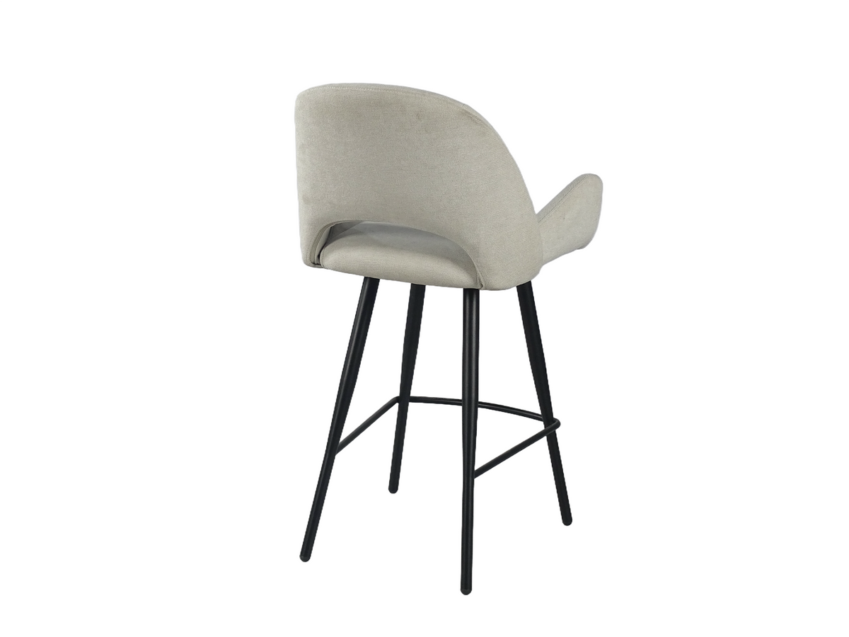 Rear view bar stool highlighting seamless curved upholstered back shell and black steel frame, BC-179-750