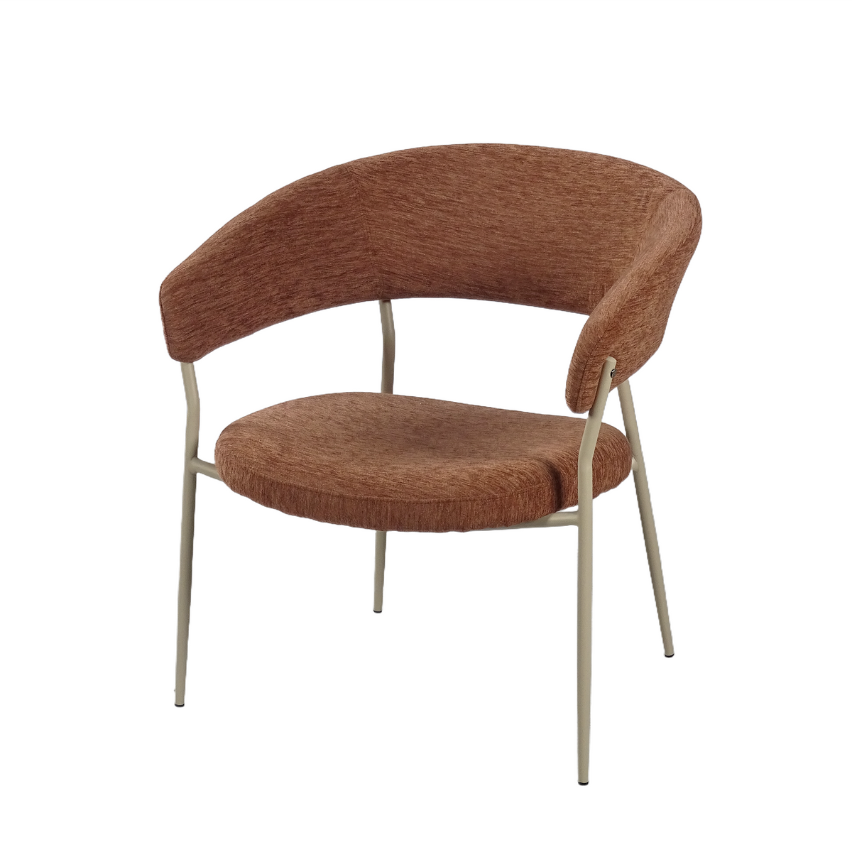  Curved-back upholstered lounge armchair in terracotta mélange woven fabric with integrated low armrests and sand grain powder coat frame, GEYA Seating RC-19