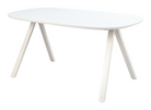 Curved-edge dining table in monochromatic matte white with splayed steel legs for contract dining spaces, T-309