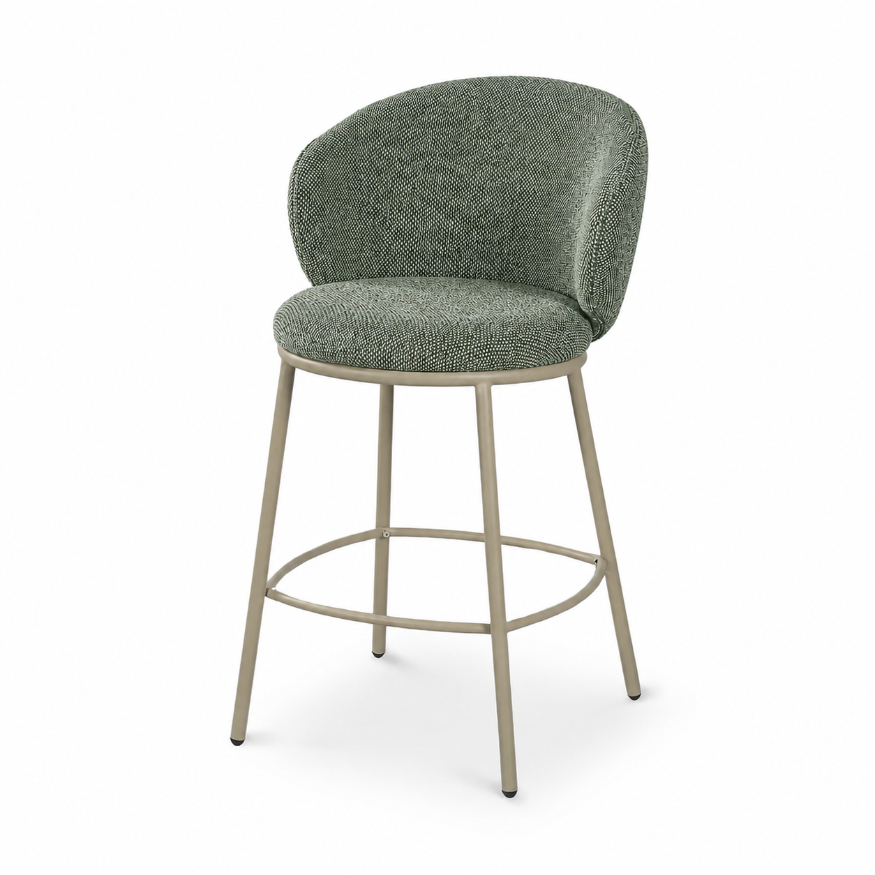 Olive green curved shell back counter stool with soft upholstered seat and metal frame