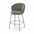Olive green curved shell back counter stool with soft upholstered seat and metal frame