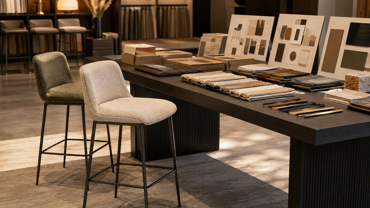Counter stool samples with coordinated upholstery swatches and metal frame finish options for custom wholesale and OEM/ODM programs.