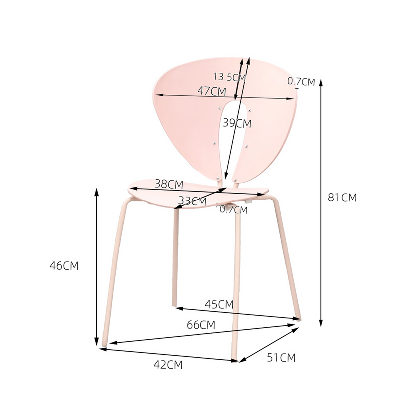 Dimension drawing of cut-out back polypropylene side chair in blush pink, seat height 460 mm, overall height 810 mm, PC-96