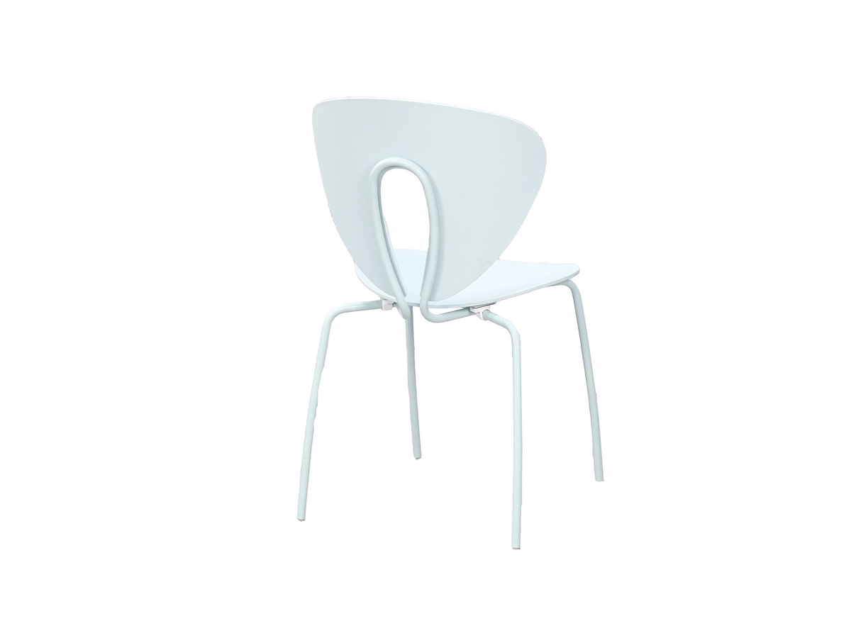Rear three-quarter view of cut-out back polypropylene side chair in pale mint revealing exposed looped tubular steel support, PC-96