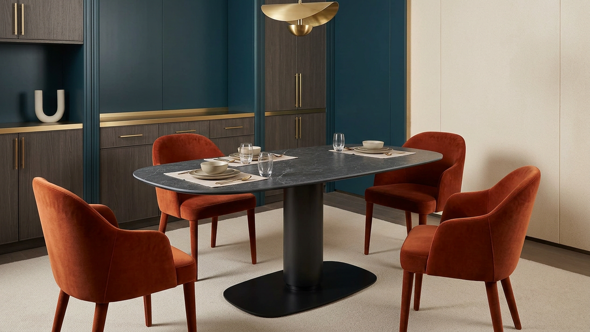 Cylindrical pedestal dining table with velvet armchairs in a boutique hotel private dining suite, T-99