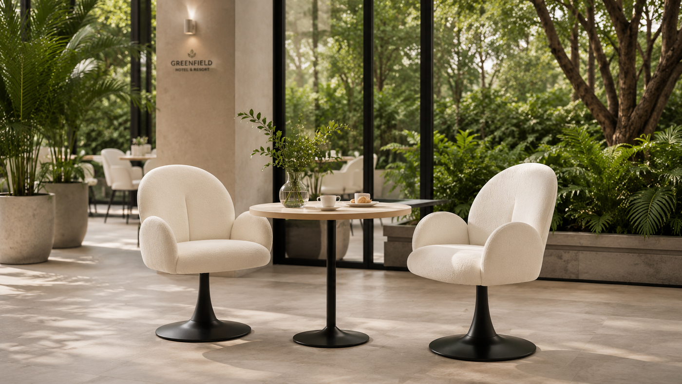 DC-5079 sculpted mélange swivel dining armchairs with matte black trumpet pedestal base arranged around round bistro table on hotel garden-view dining terrace with floor-to-ceiling windows.