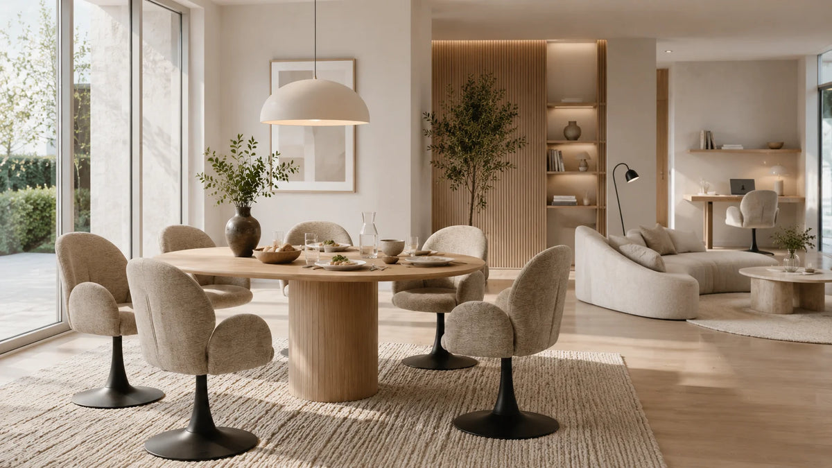 Sculpted upholstered swivel lounge chairs with black pedestal bases in an open-plan residential dining and living interio