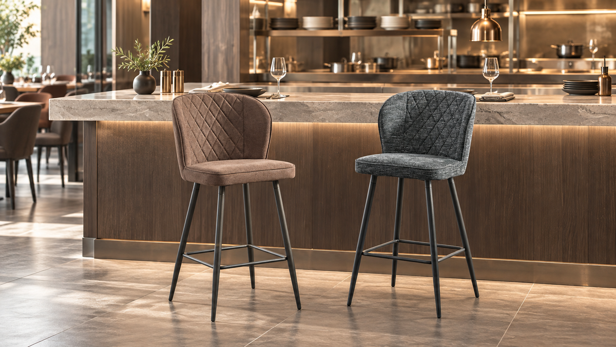 Upholstered bar stools with diamond quilting in taupe and charcoal at a stone restaurant counter, BC-53-750