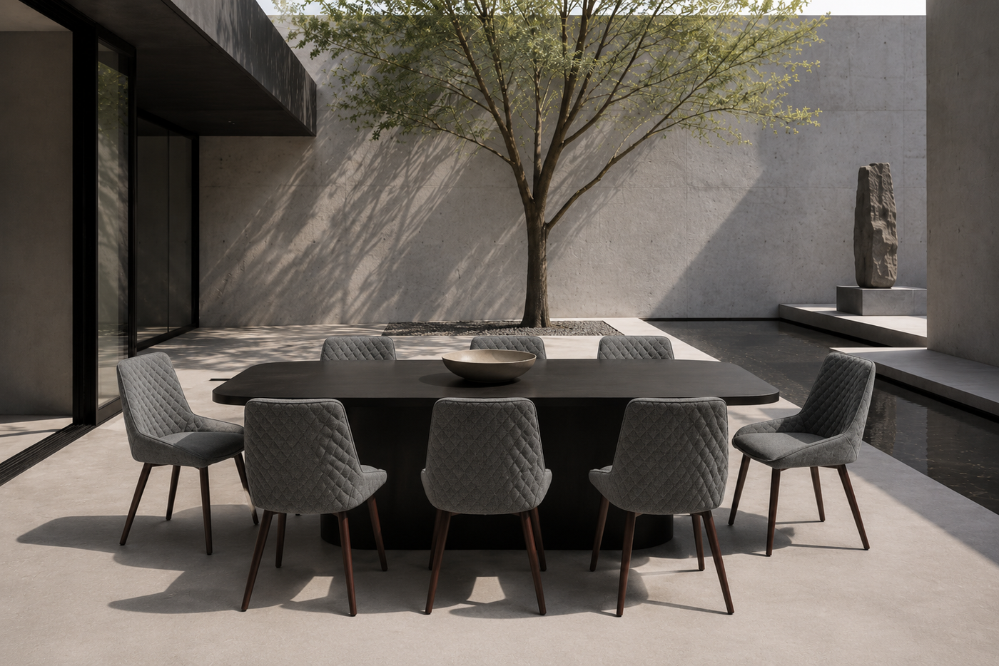 Diamond quilted bouclé dining chair for contemporary outdoor dining and architectural courtyard seating — dark stone table setting, DC-3260