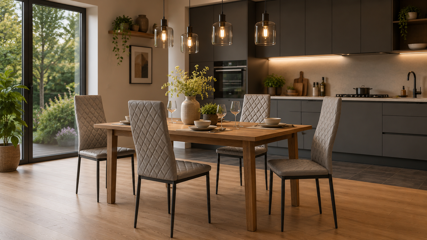 Diamond-quilted faux leather dining chair built for open-plan kitchen and residential diningDC-2017-A