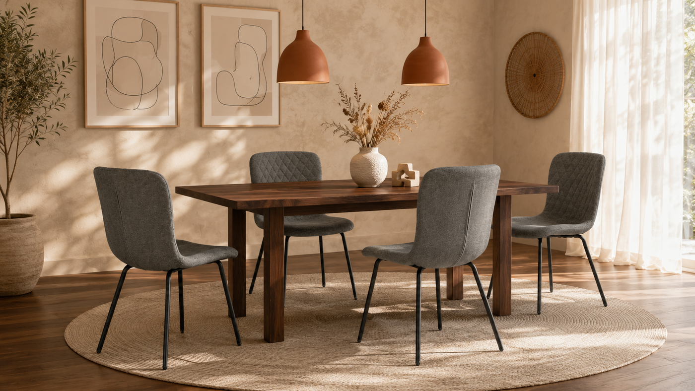 Linen look diamond-quilted dining chairs in charcoal around wood dining table in residential dining room, GEYA Seating DC-1060-C