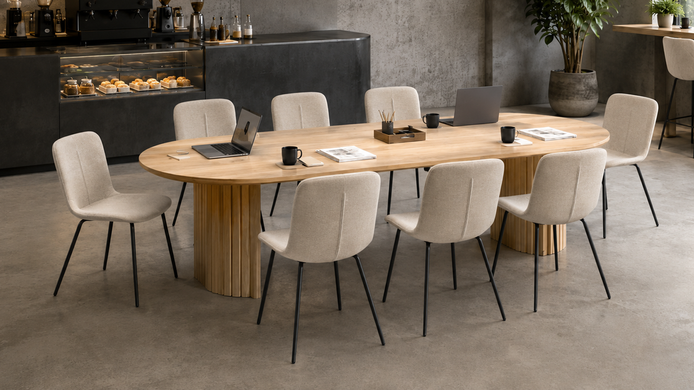 Linen look diamond-quilted dining chairs in cream around oval table in café and restaurant setting — DC-1060-C
