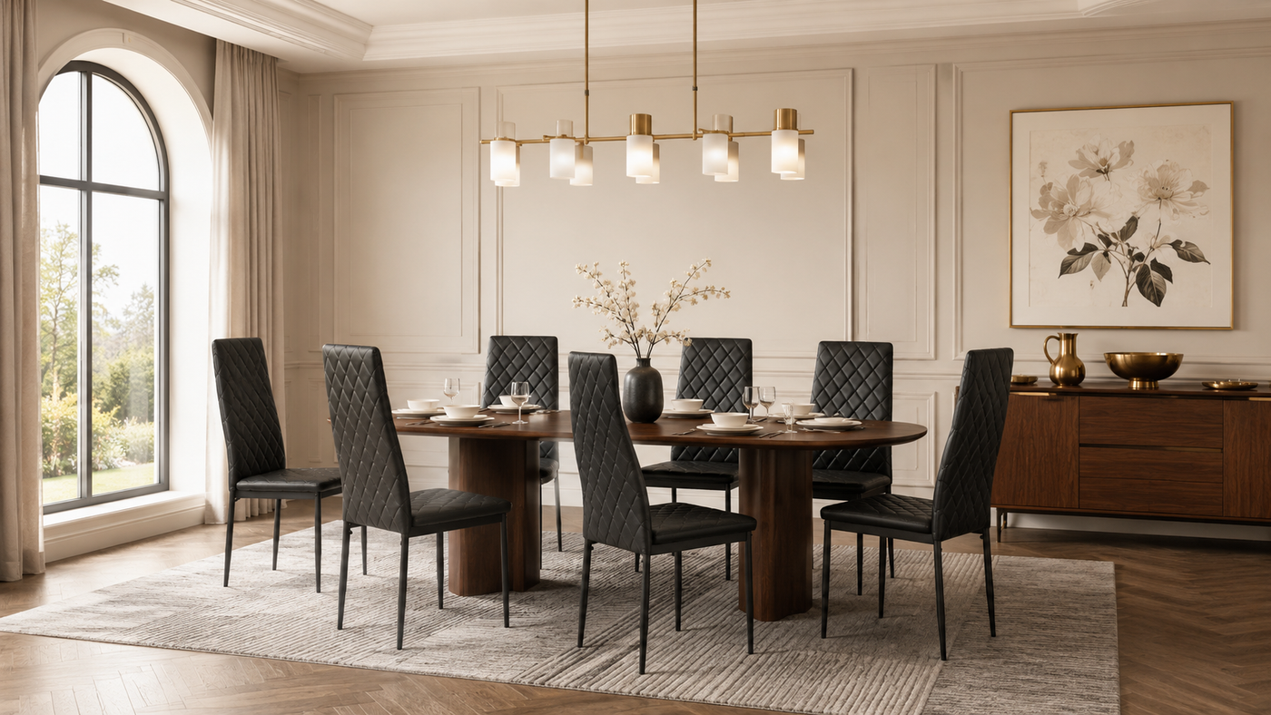 Diamond-quilted faux leather dining chair built for formal residential dining interiors DC-2017-A