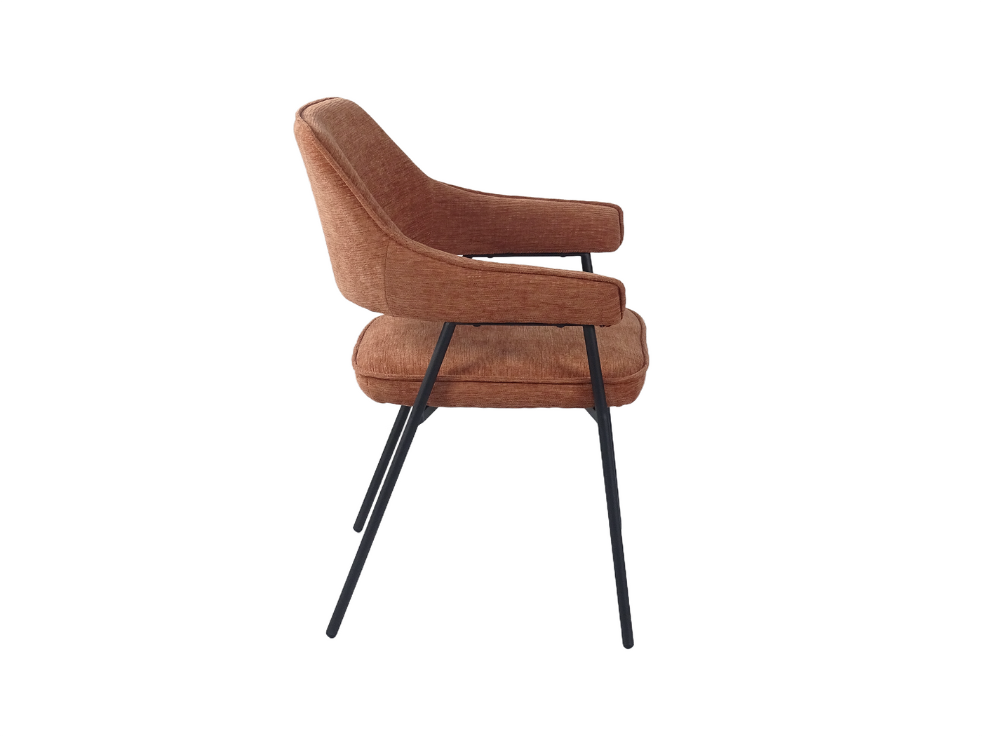 Side profile of open-back dining armchair showing 485 mm seat height and outward leg splay — DC-3198