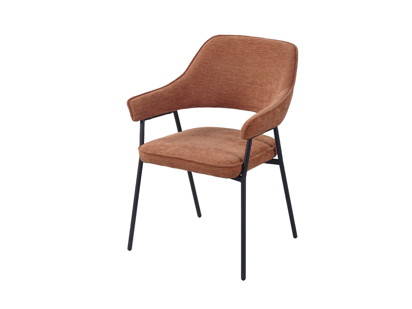 Open-back dining armchair in olive grey textured fabric, three-quarter view showing open lower back and splayed steel frame — DC-3198