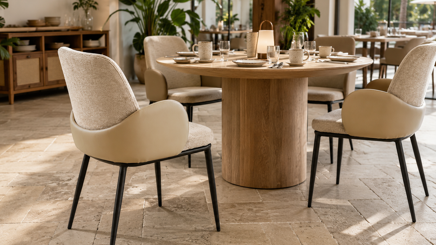 Wrap-shell dining armchairs in oat textured fabric around round pedestal table, hotel all-day dining setting, DC-3117