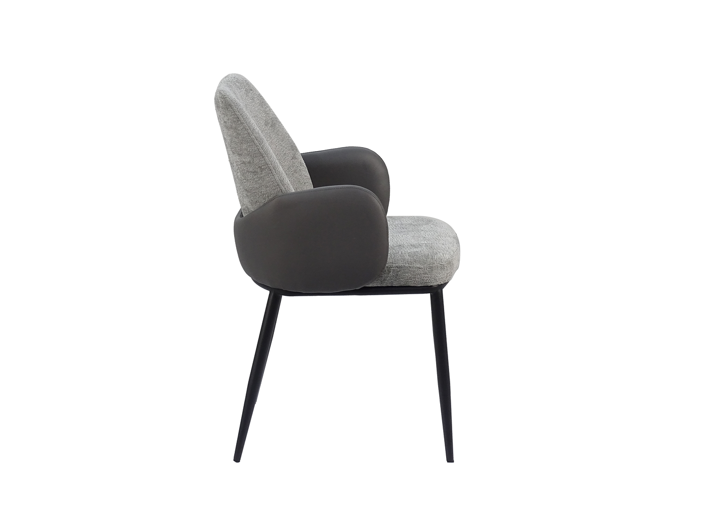 Wrap-shell dining armchair slate 480mm seat height with outward-splayed tapered steel legs, hotel dining area, DC-3117