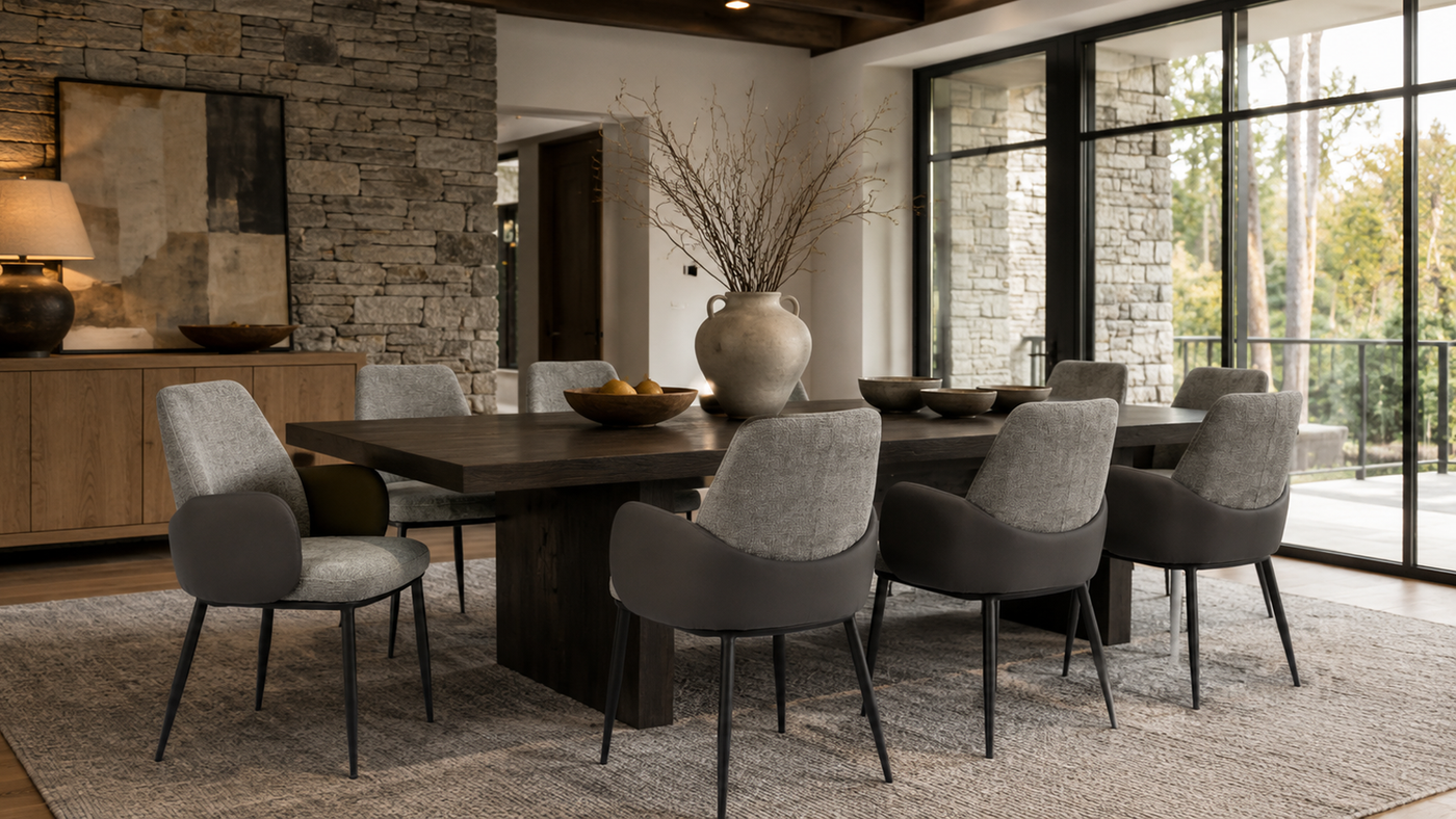 Wrap-shell dining armchairs in slate textured fabric around dark oak dining table, private residential dining room, DC-3117