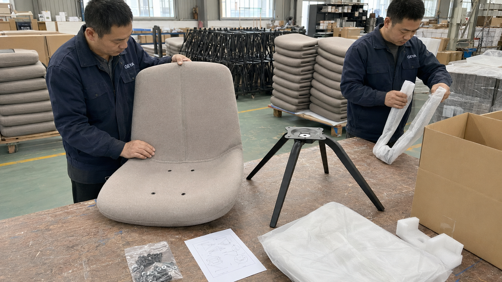 Dining chair components inspected before final assembly at the GEYA Seating factory