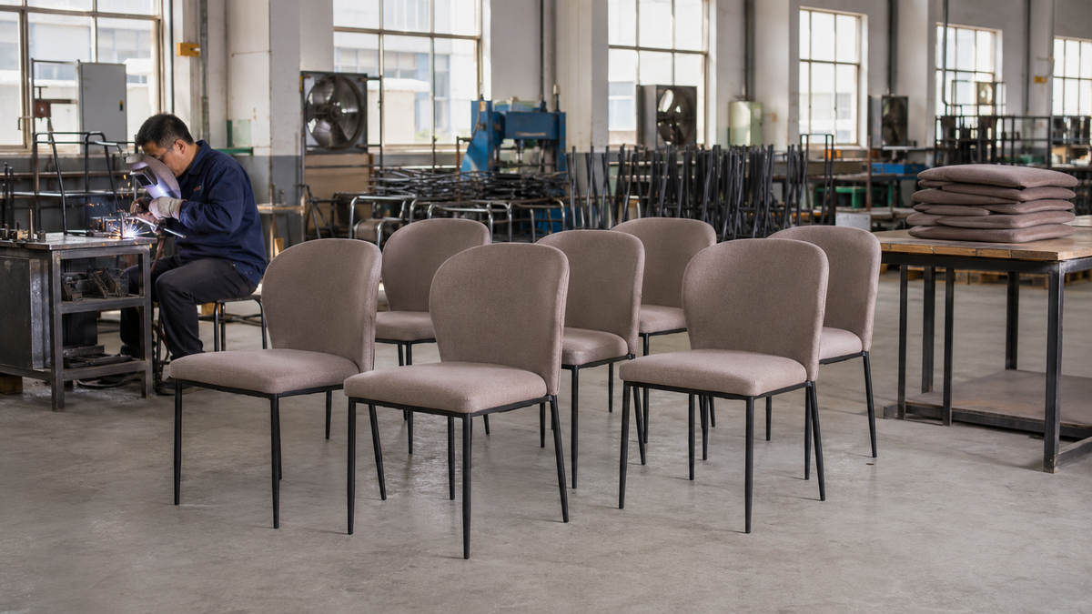 Dining chair factory producing metal chair frames with welding, upholstery and assembly for wholesale OEM orders