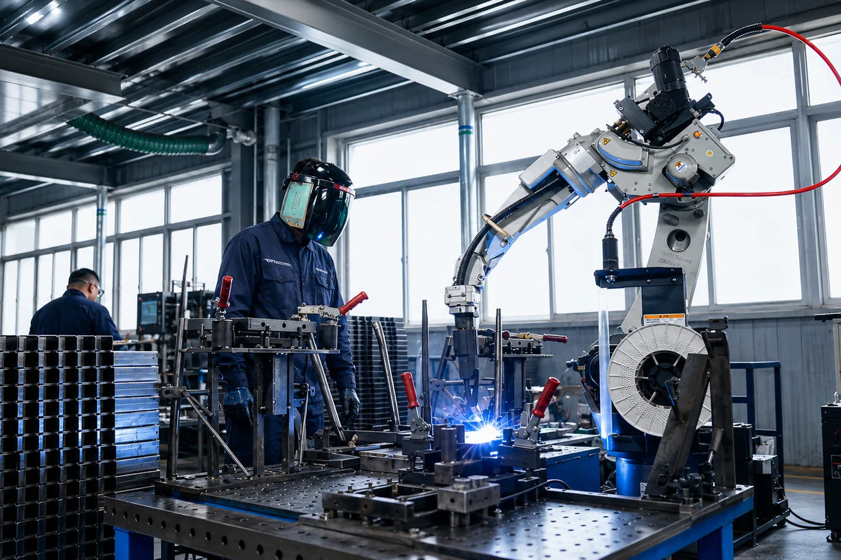 Robotic welding of metal dining chair frames at the GEYA Seating factory
