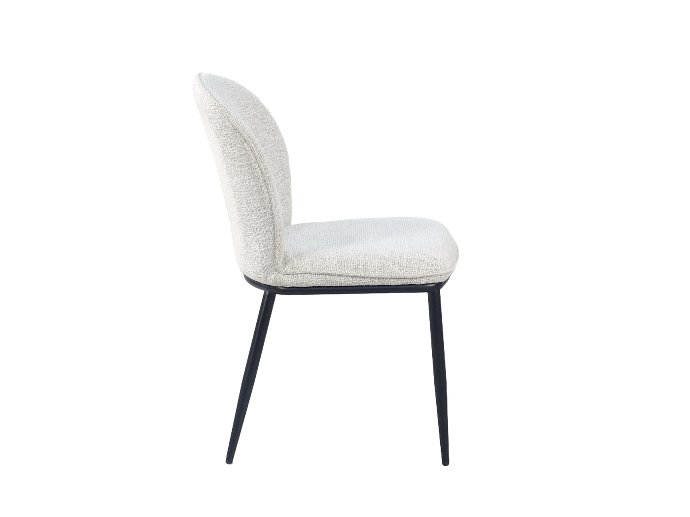 Side profile of rounded-back dining chair showing 490 mm seat height and rearward leg splay — DC-3061