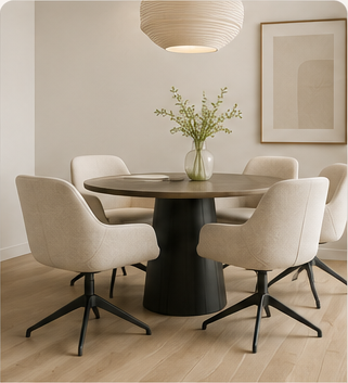 Dining seating application with upholstered chairs for residential and hospitality spaces.