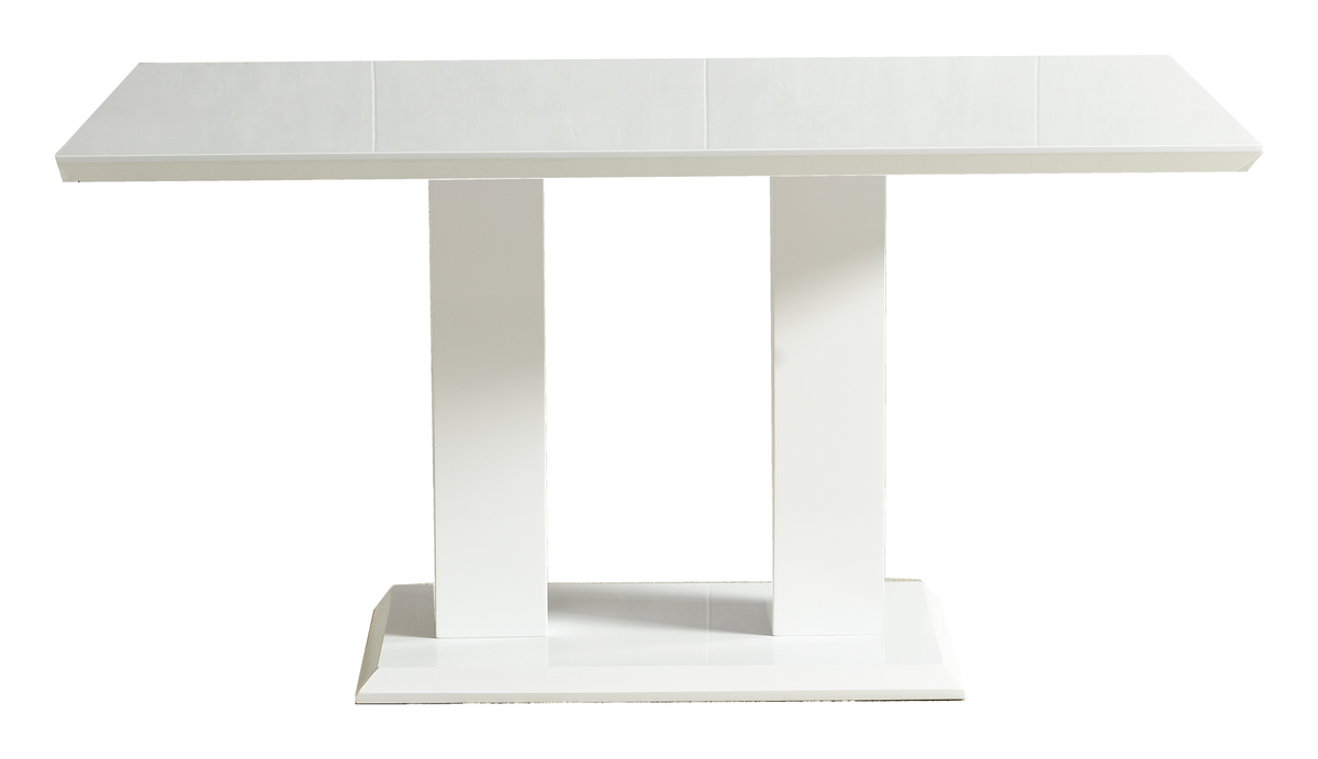 Double-pedestal dining table with reverse-bevel MDF top in high-gloss white for contract dining, GEYA Seating T-305