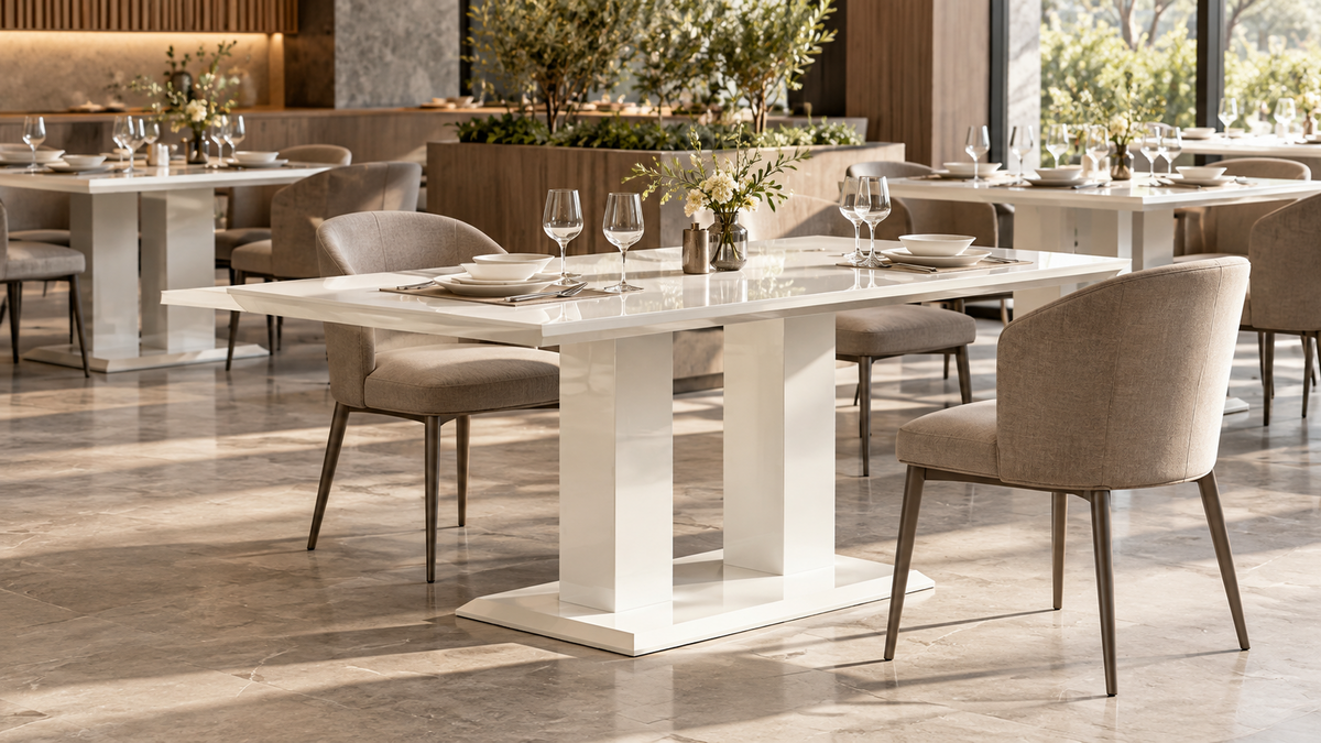 Double-pedestal dining table with white lacquer finish in a hotel restaurant dining room, T-305