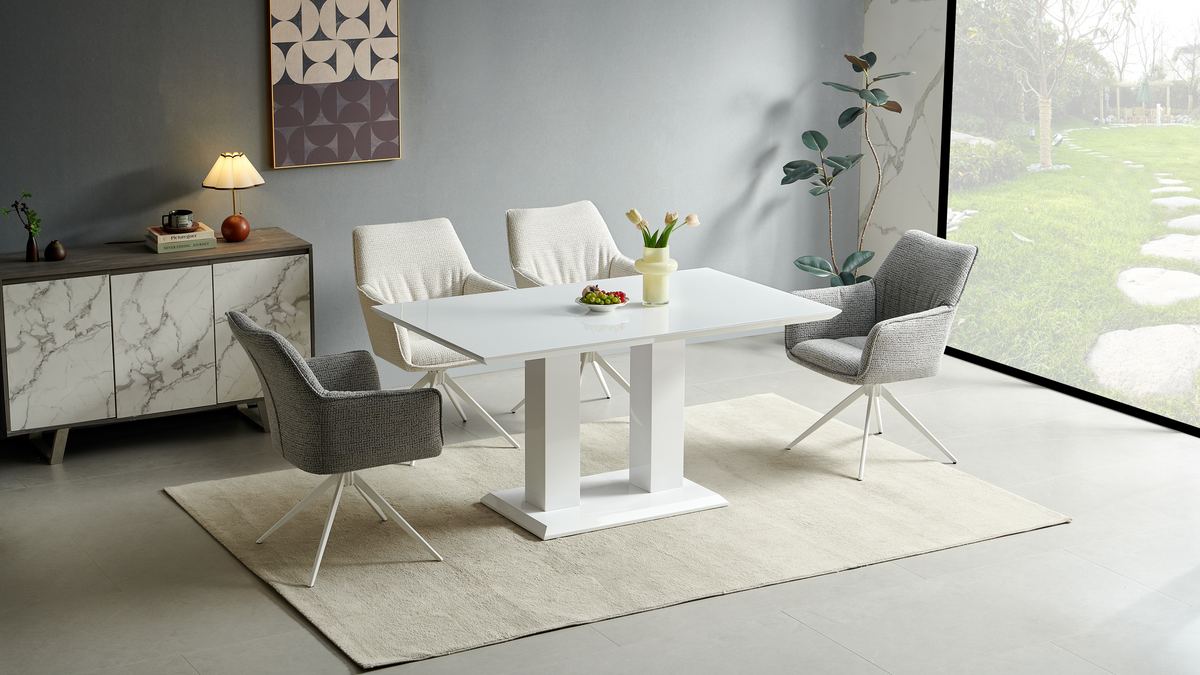 Double-pedestal dining table with high-gloss MDF top in a modern residential dining room, T-305