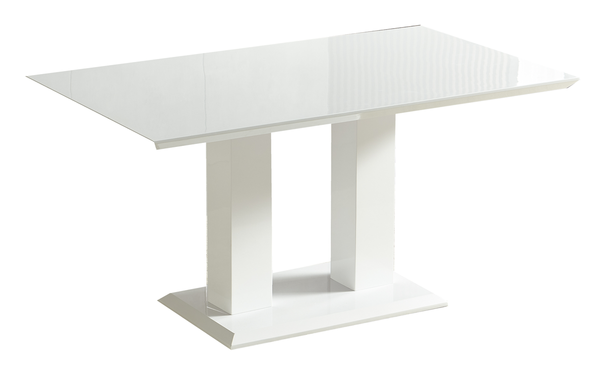 Three-quarter perspective view of double-pedestal dining table with 150x150mm columns and beveled base, T-305