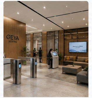 Planning rendering of the employee entrance and support area at GEYA’s future manufacturing campus.