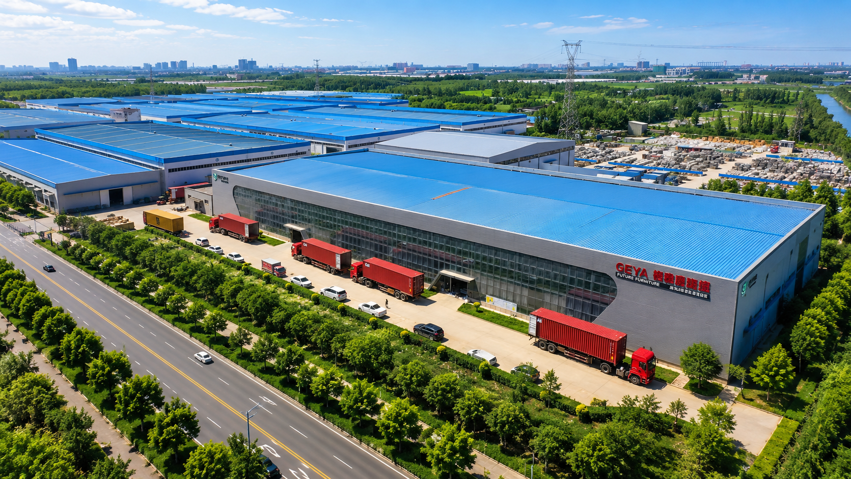 GEYA factory exterior with trucks supporting export delivery coordination for global furniture buyers