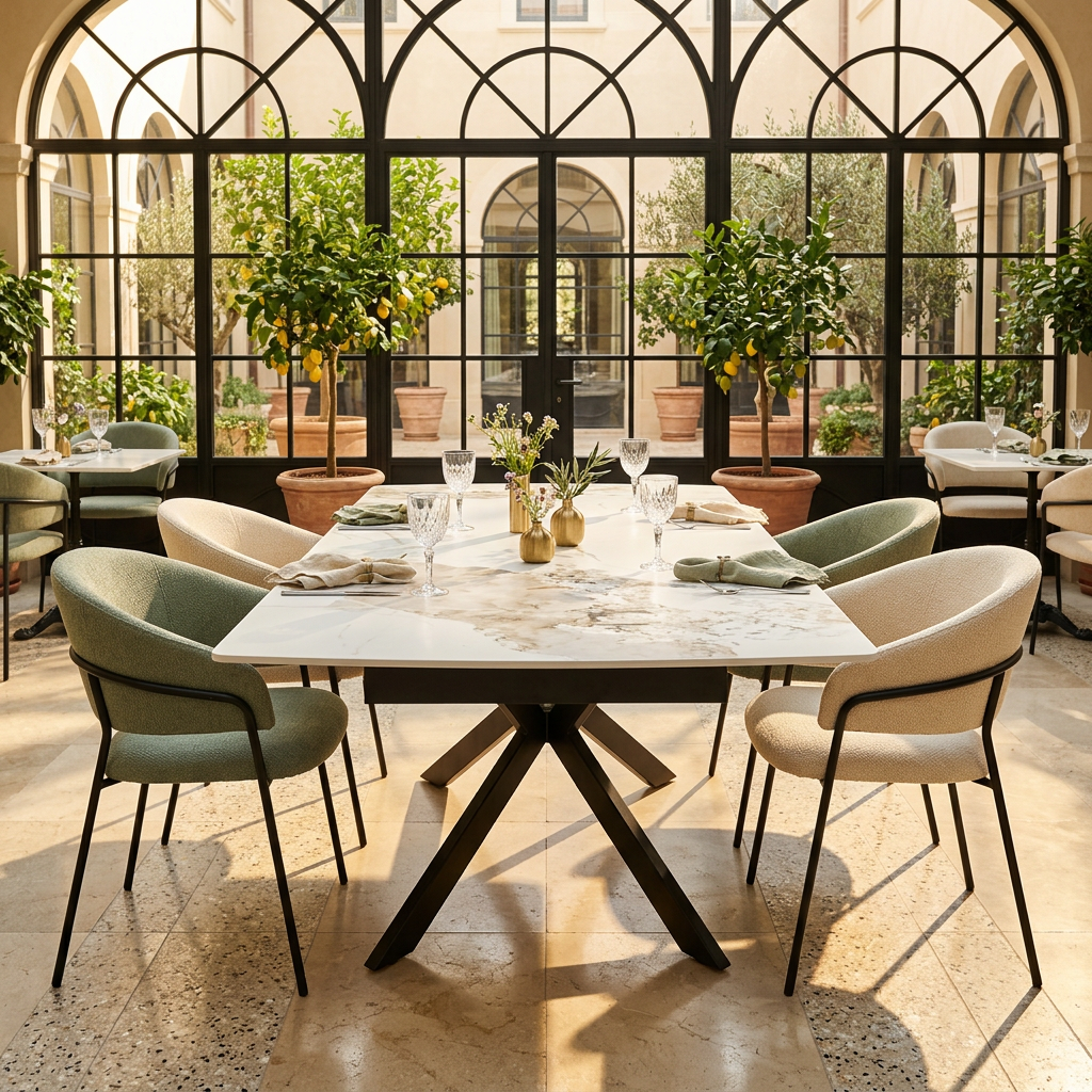 Extending sintered stone dining table in sunlit Mediterranean bistro orangerie with sage chairs, T-105
