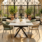Extending sintered stone dining table in sunlit Mediterranean bistro orangerie with sage chairs, T-105