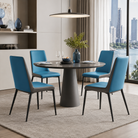 Ocean blue fine-grain PU leather high-back dining chairs around grey round pedestal table in city apartment dining room, DC-1545
