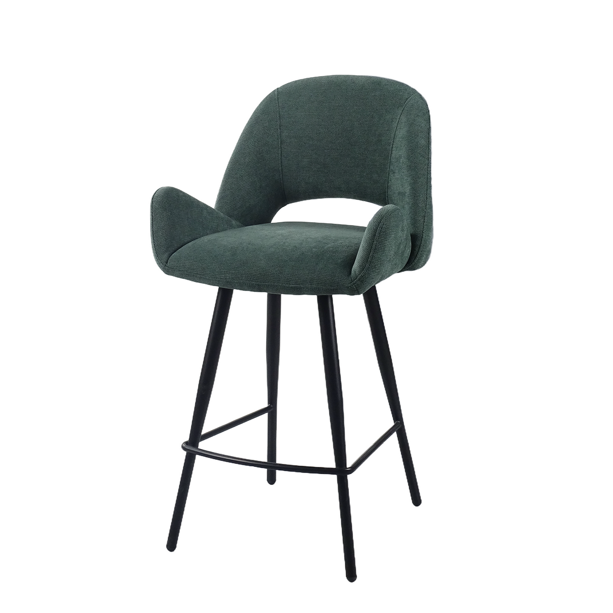 Flared-arm open-back bar stool in deep green linen-look fabric for hotel cocktail bars, BC-179-750