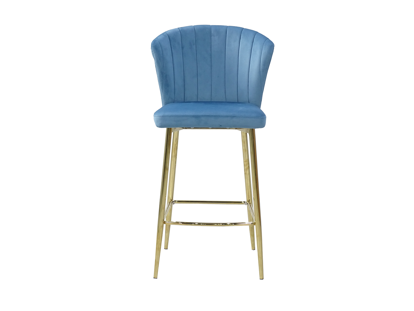 Flared backrest velvet counter stool on gold-plated steel legs in Dusty Blue, front view, GEYA Seating BC-90