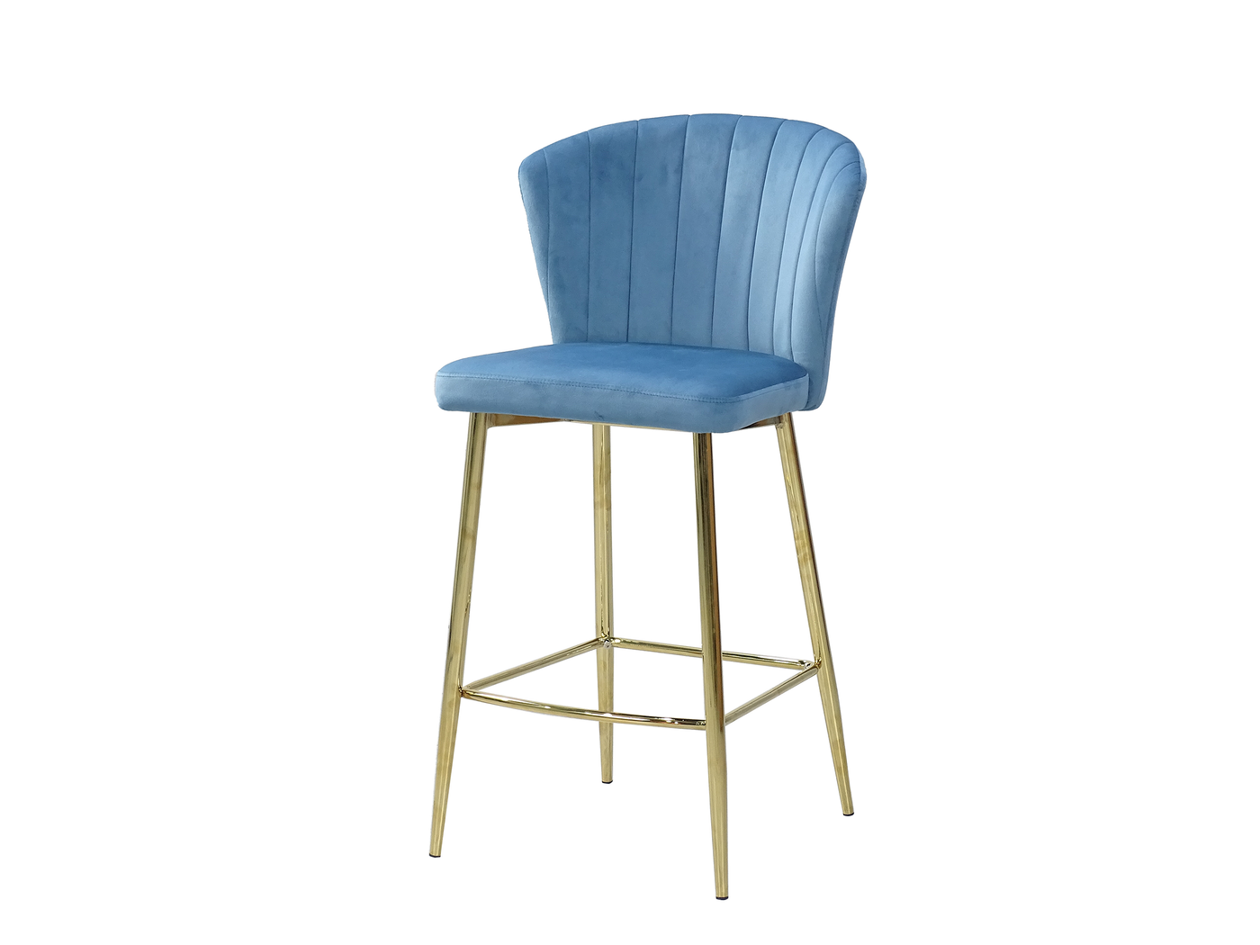 Flared curved backrest velvet counter stool in Dusty Blue, three-quarter view showing channel stitching and gold-plated frame, BC-90