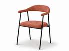 Fluid Arc Dining Chair in dusty terracotta woven fabric with a continuous curved upholstered backrest, black steel frame, and expressive modern dining armchair design, model DC-3252.
