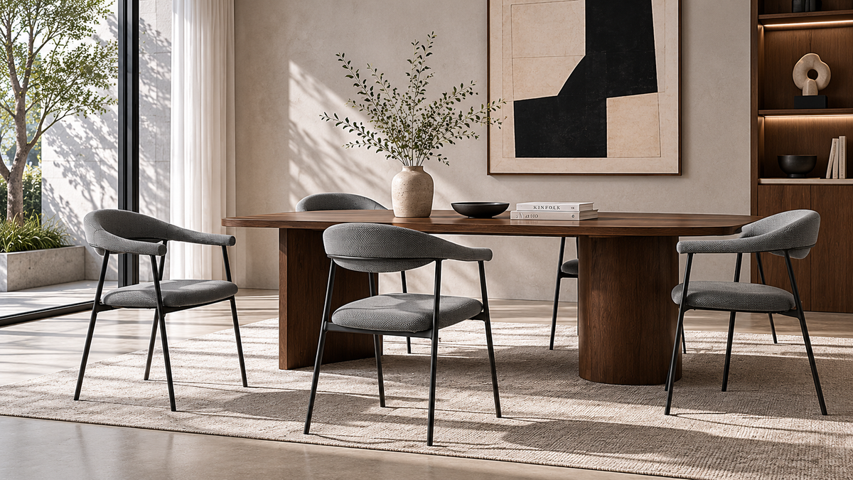 Quiet Dining Corner — Soft textures, calm light, refined modern living. with [