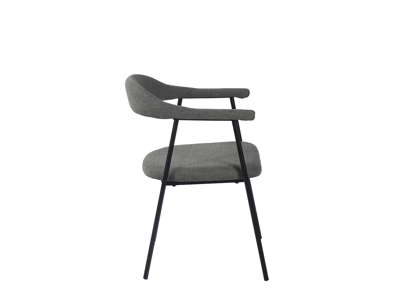 Fluid arc armchair side profile showing 790mm overall height and 475mm seat height with slender Ø19mm black round tube frame